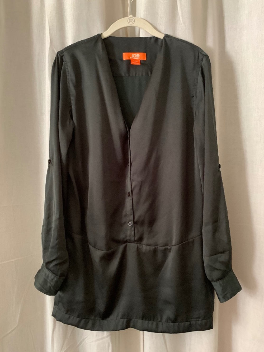 Joe Fresh XS Olive V Neck Roll Tab Sleeve Button Front Tunic Blouse